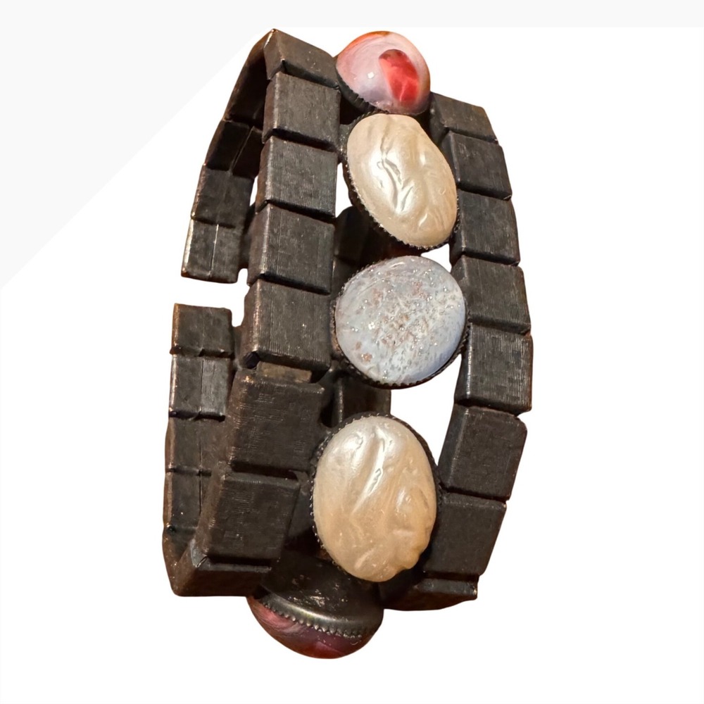 Vintage Style Gunmetal Stretch Cuff Bracelet Mixed Stone Cabochon Statement